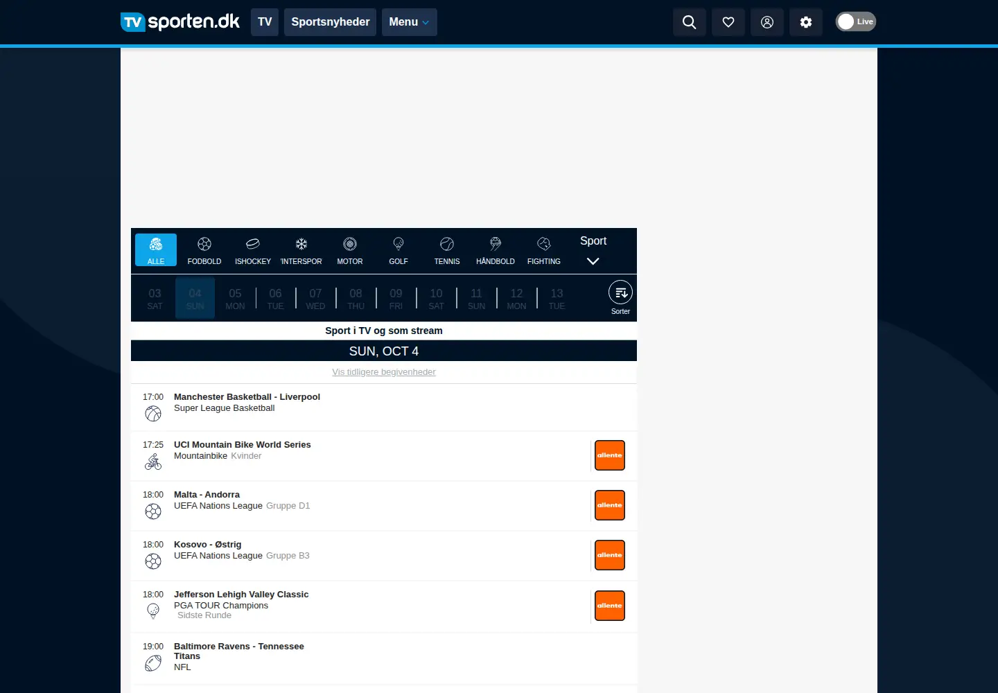 Captured homepage of tvsporten.dk in the current scan