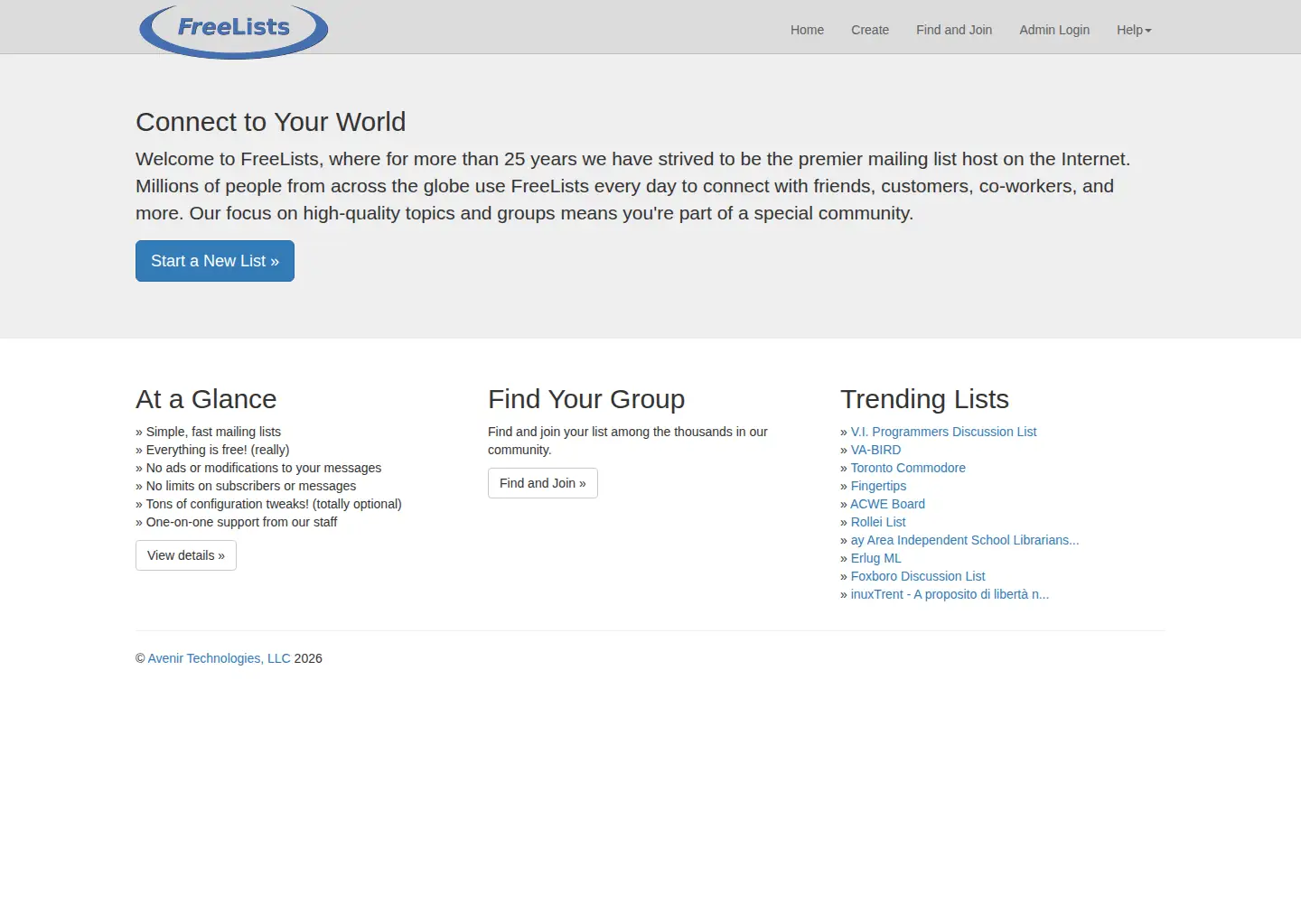 Screenshot of freelists.org