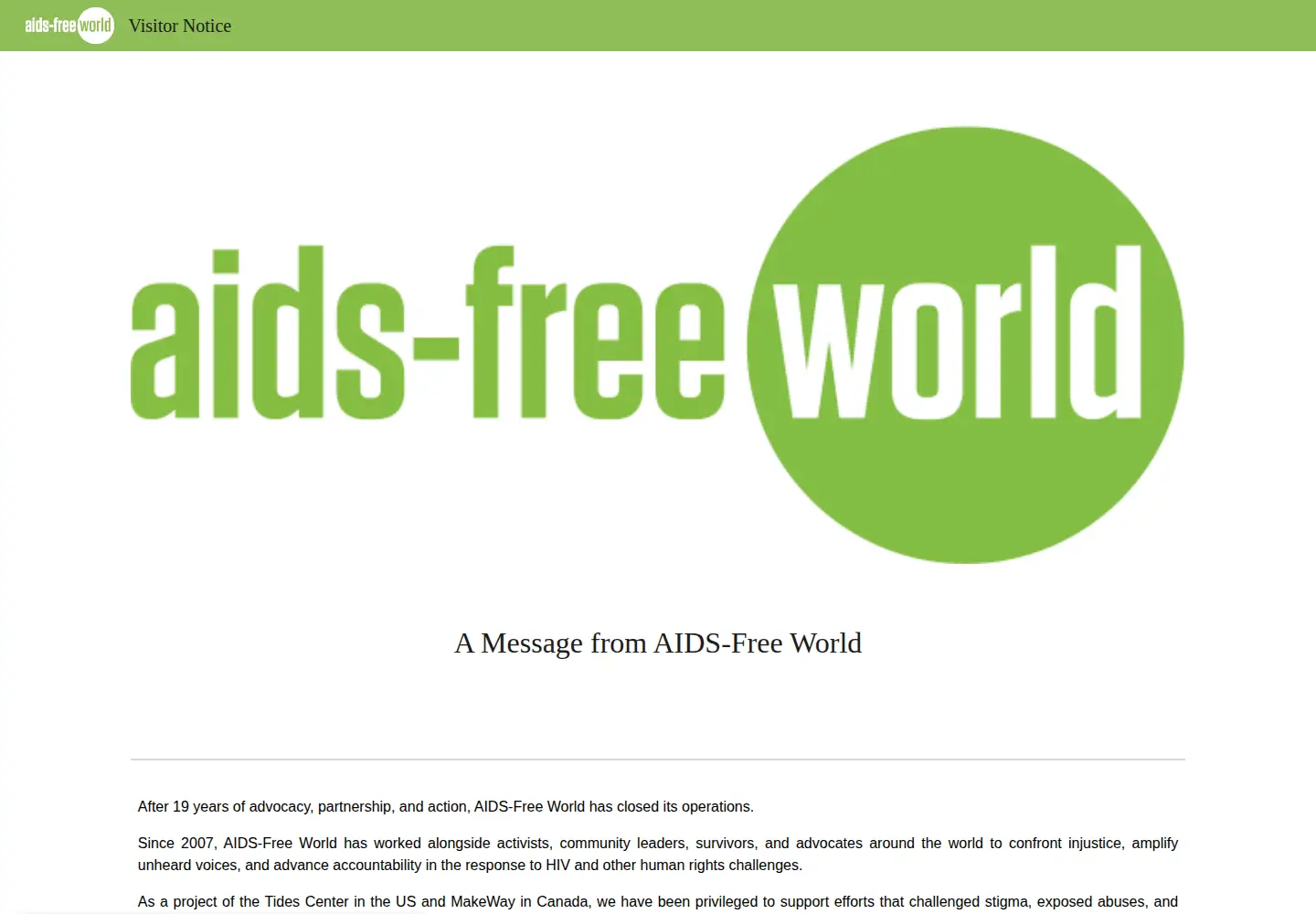 Captured homepage of aidsfreeworld.org in the current scan