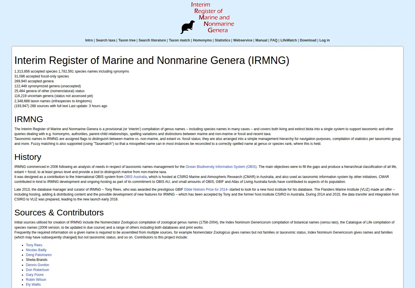 Captured homepage of irmng.org in the current scan