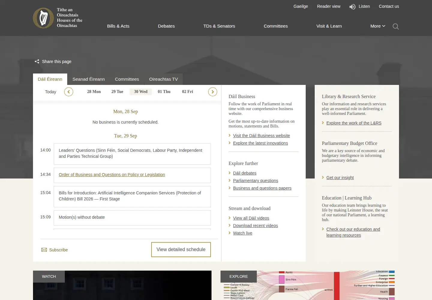 Screenshot of oireachtas.ie