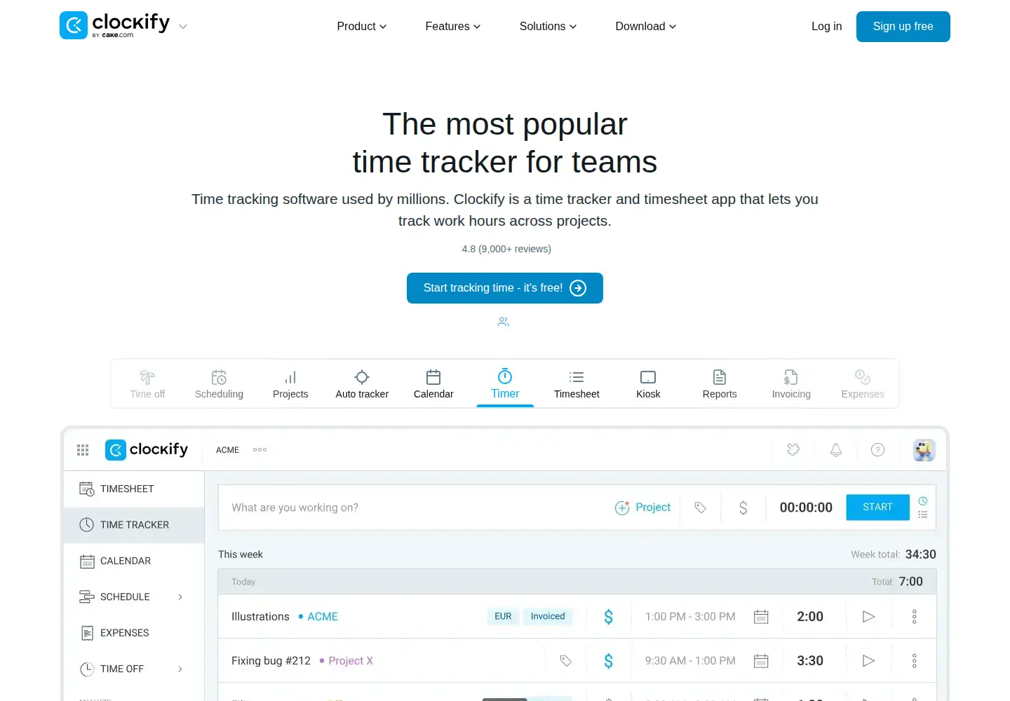 Screenshot of clockify.me