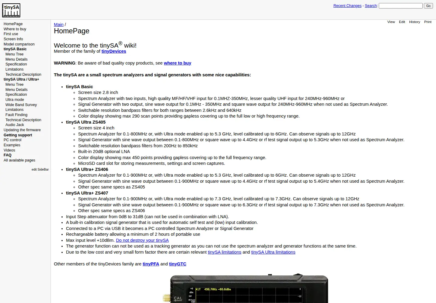 Captured homepage of tinysa.org in the current scan