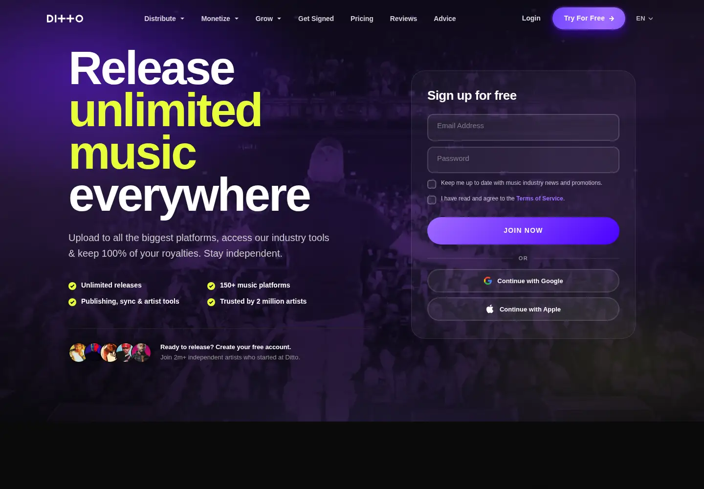 Screenshot of dittomusic.com