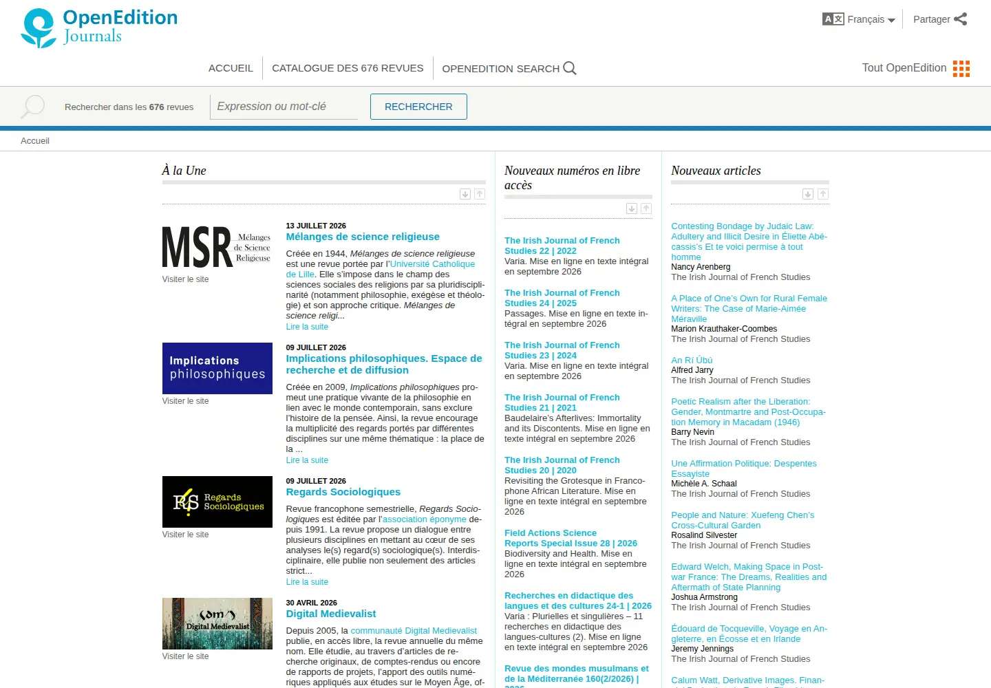 Captured homepage of revues.org in the current scan
