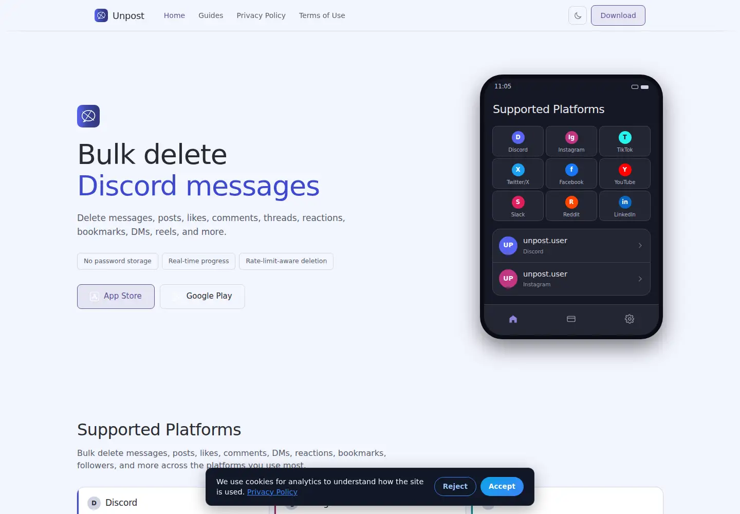 Captured homepage of unpost.app in the current scan