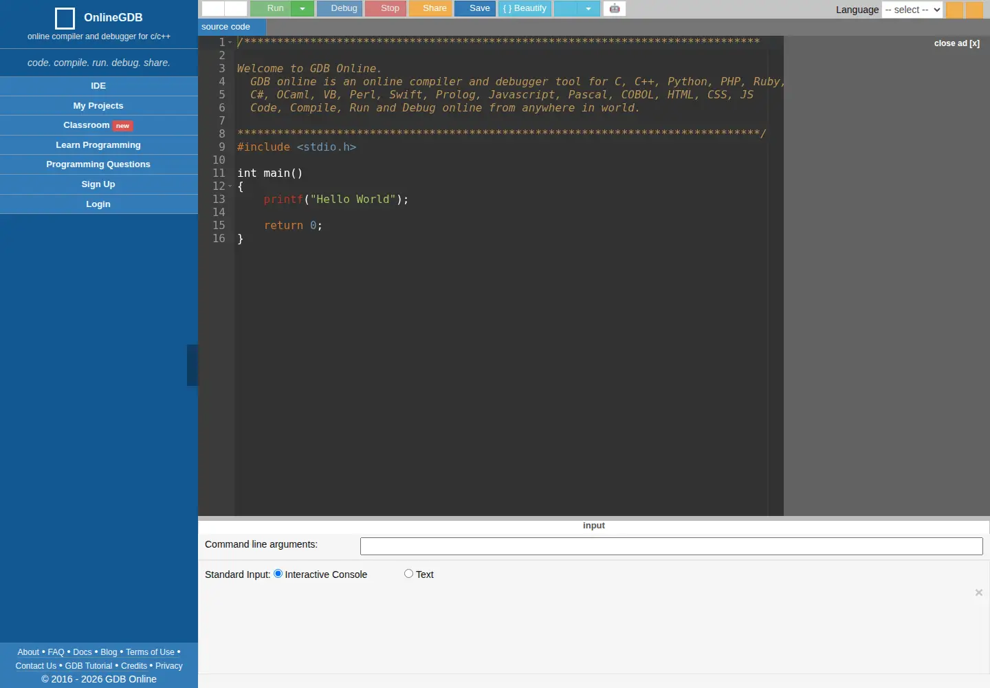 Screenshot of onlinegdb.com