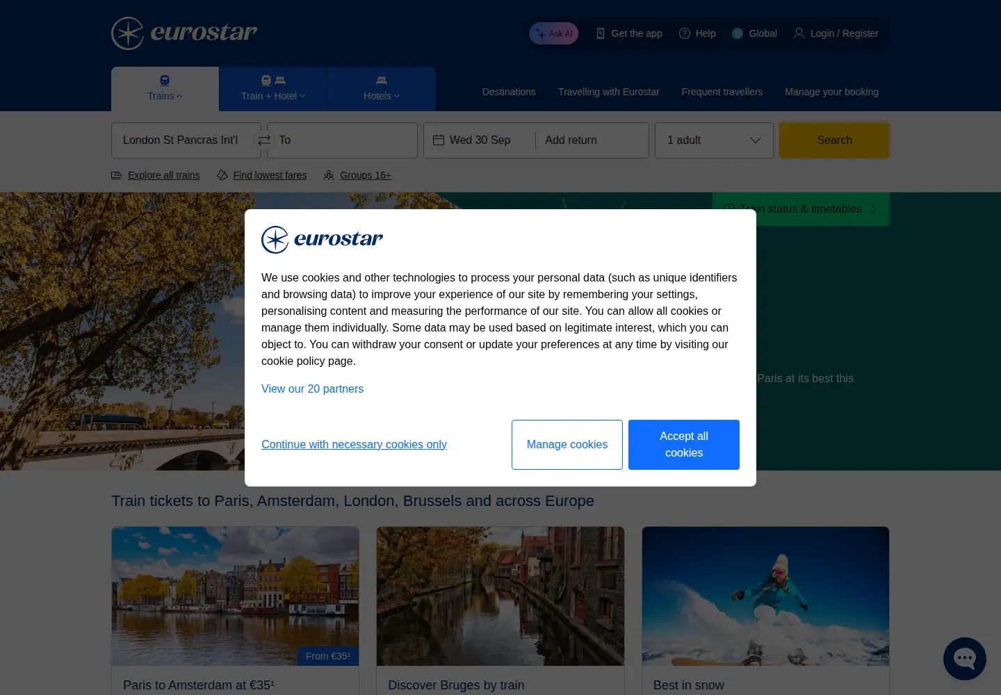 Screenshot of eurostar.com
