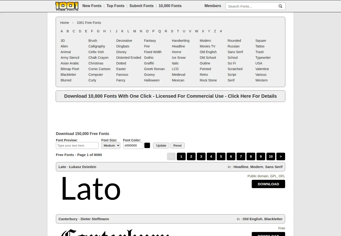 Screenshot of 1001freefonts.com