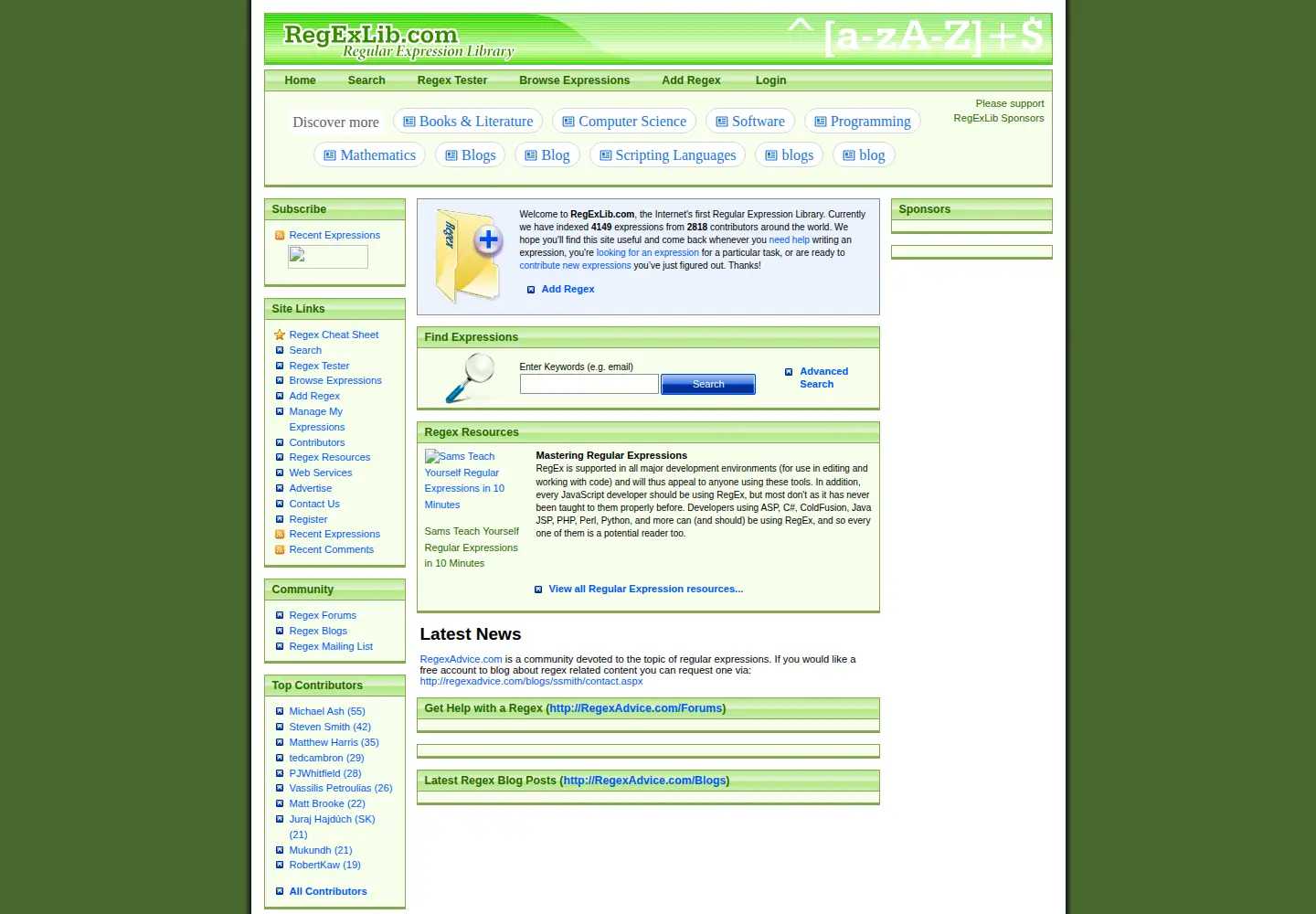 Screenshot of regexlib.com