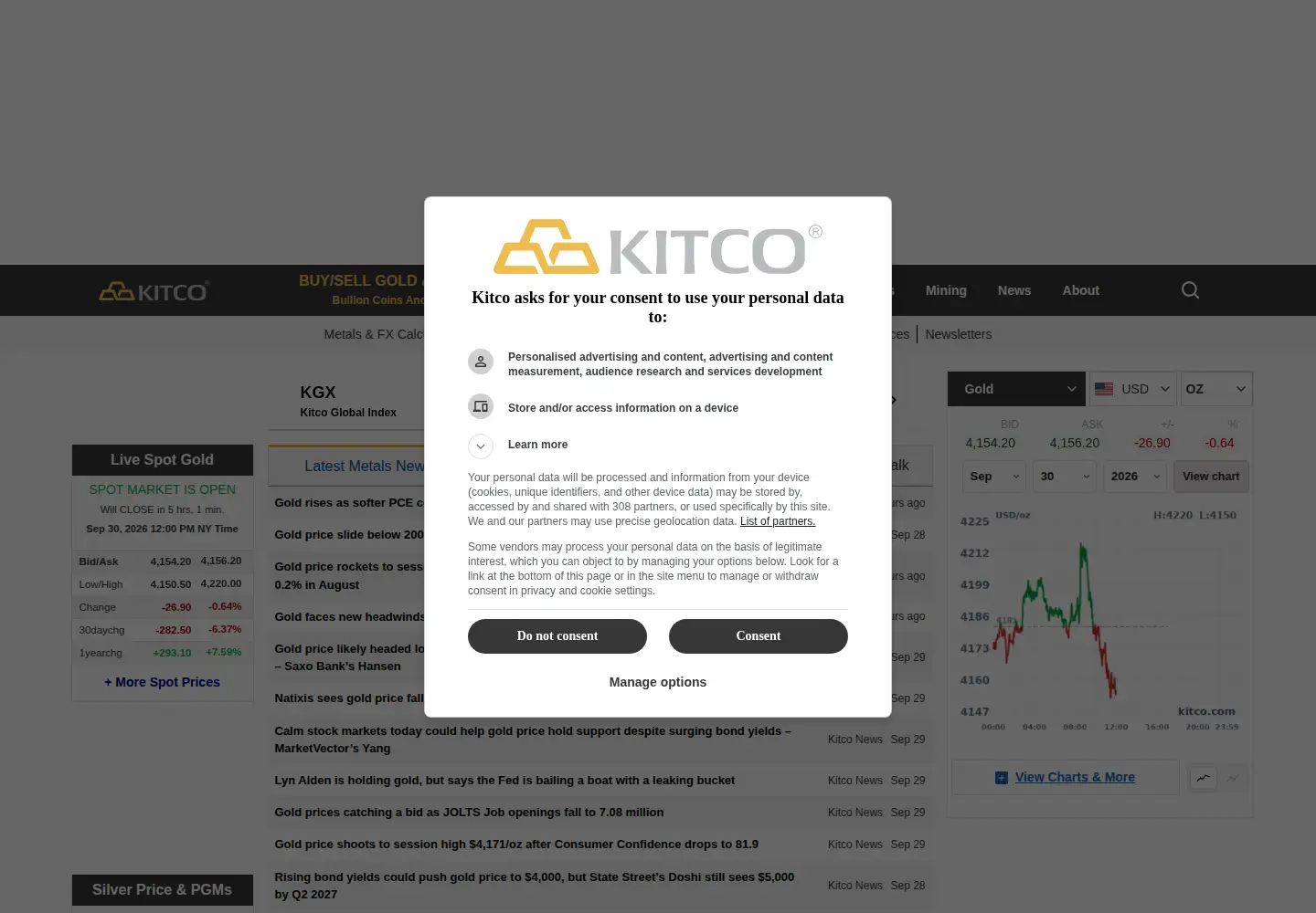 Screenshot of kitco.com