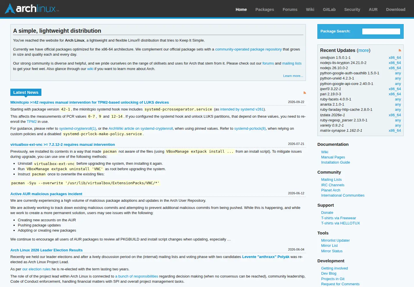 Screenshot of archlinux.org