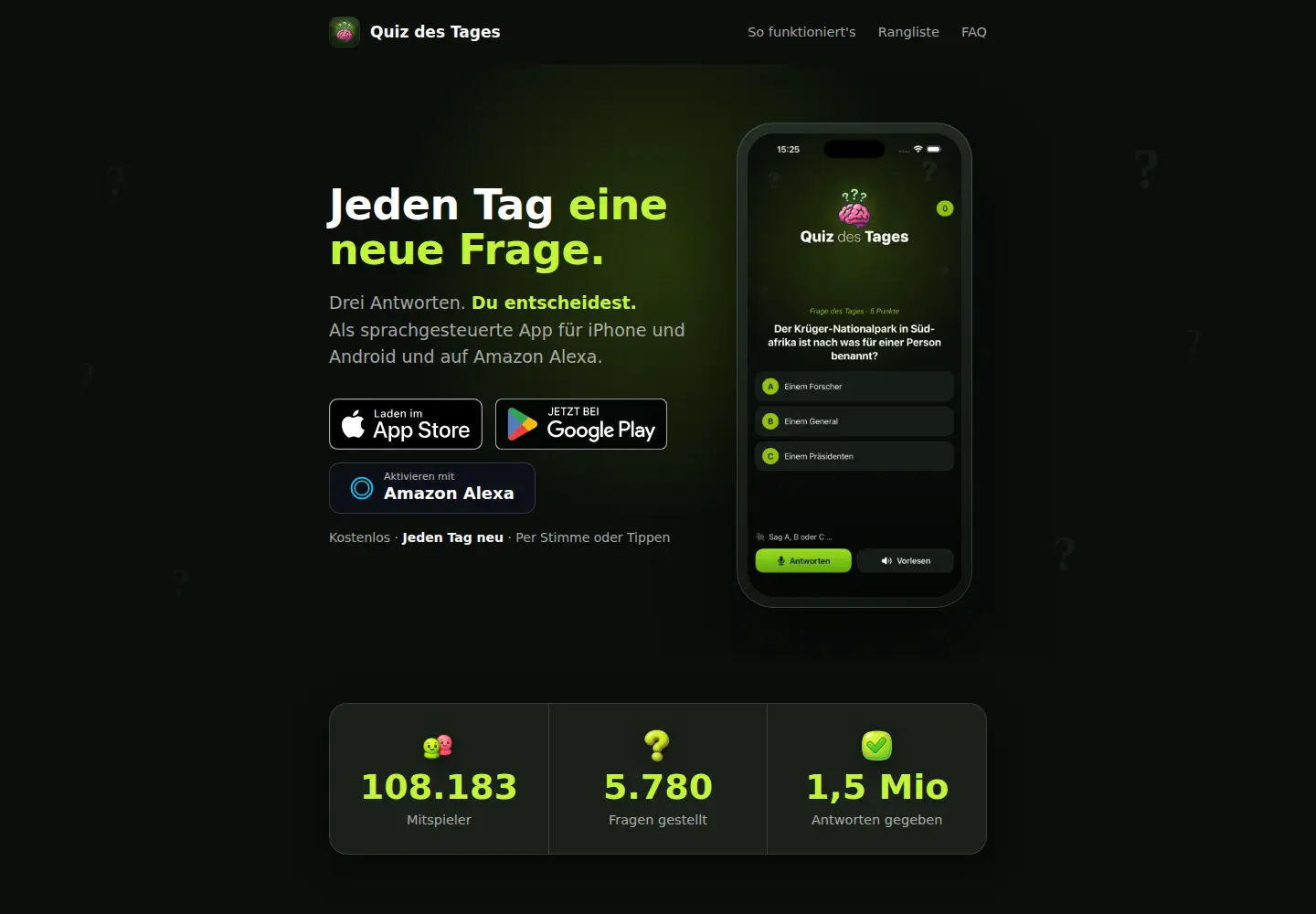 Captured homepage of quiz-des-tages.com in the current scan