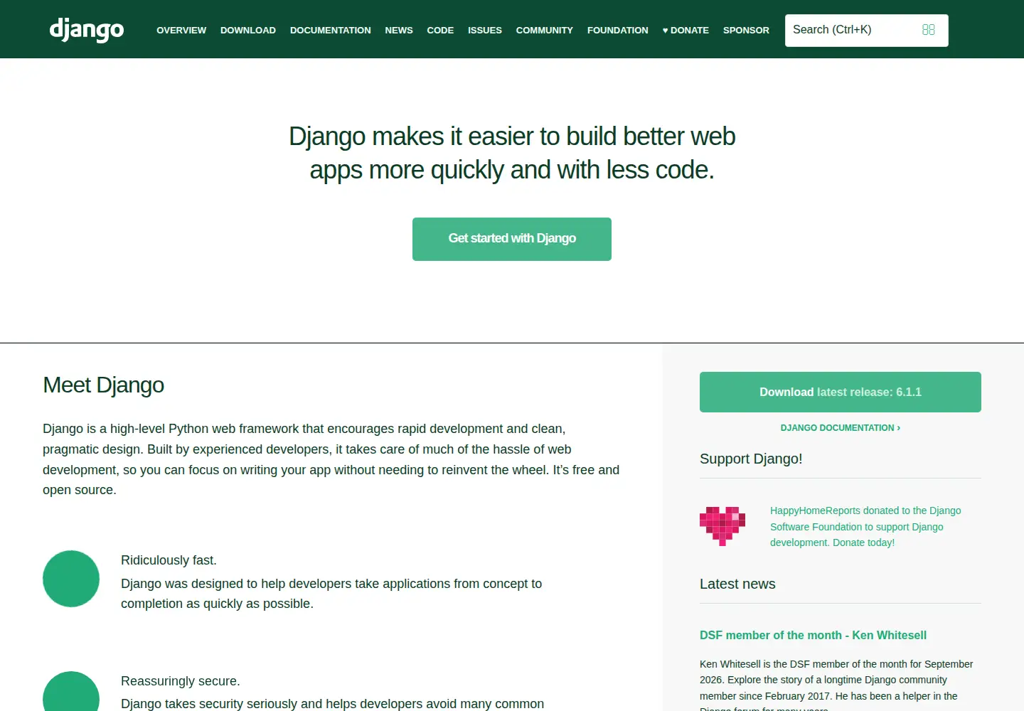 Screenshot of djangoproject.com