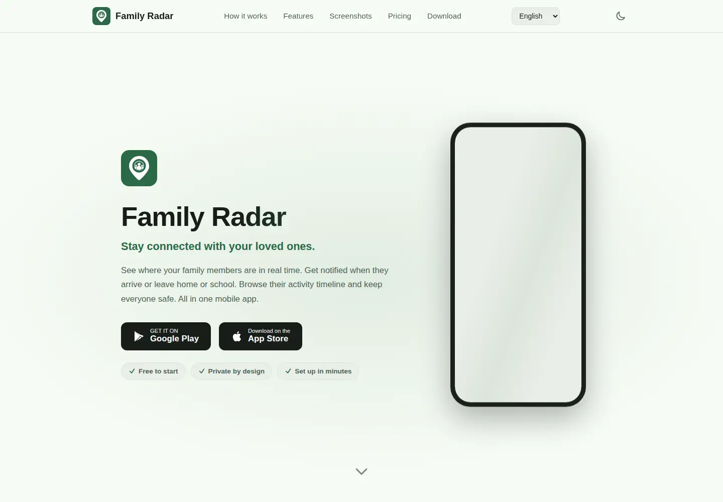 Captured homepage of familyradar.app in the current scan