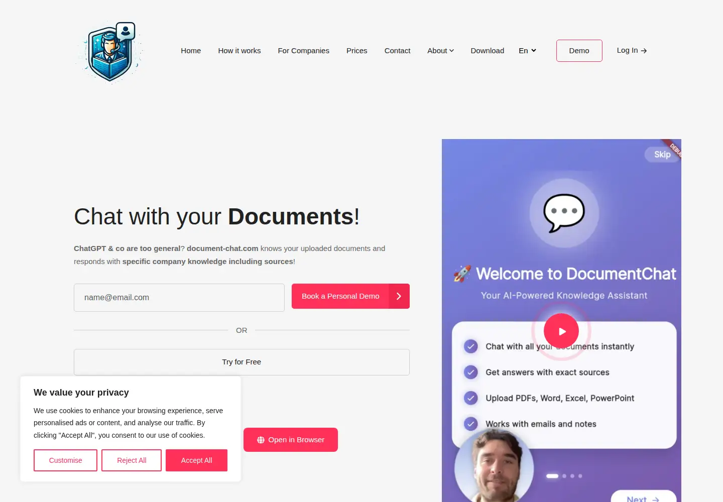 Captured homepage of document-chat.com in the current scan