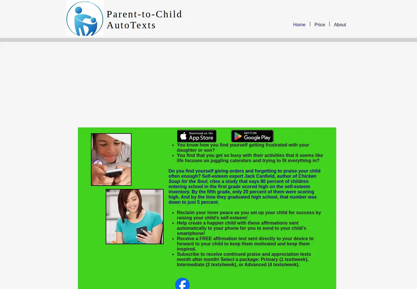 Captured homepage of parent2childtexts.com in the current scan