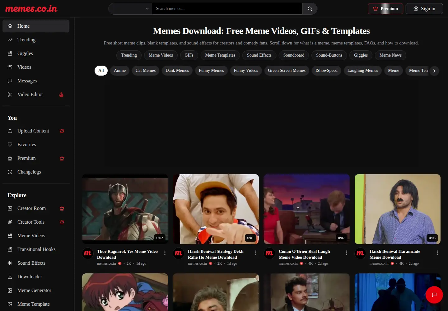 Captured homepage of memes.co.in in the current scan