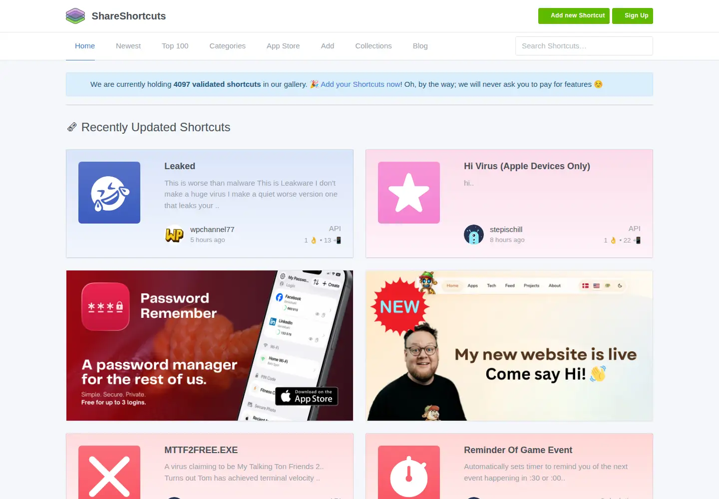 Screenshot of shareshortcuts.com