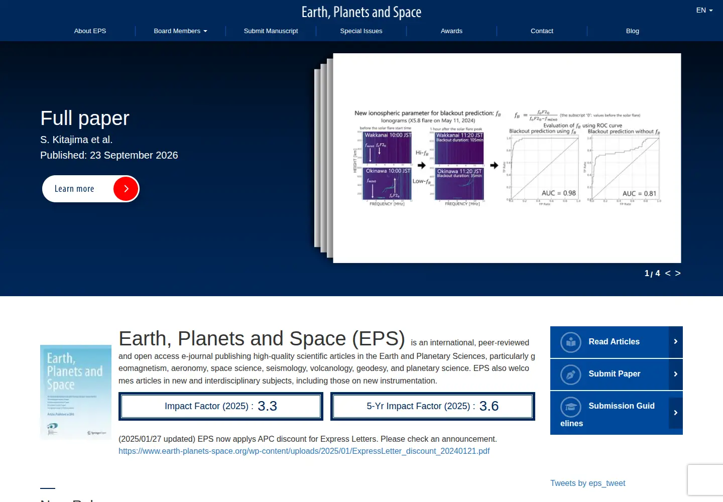 Captured homepage of earth-planets-space.org in the current scan