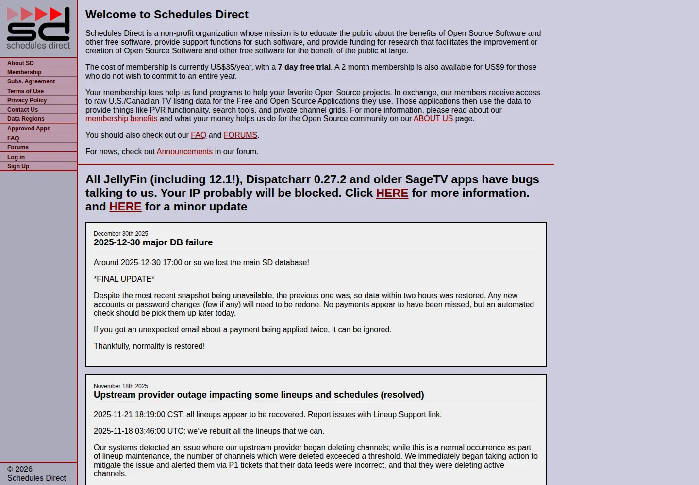 Screenshot of schedulesdirect.org