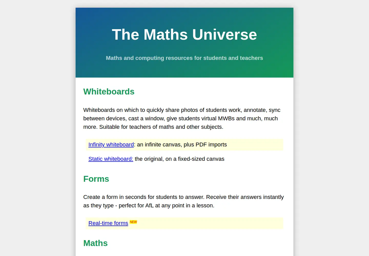 Screenshot of mathsuniverse.com