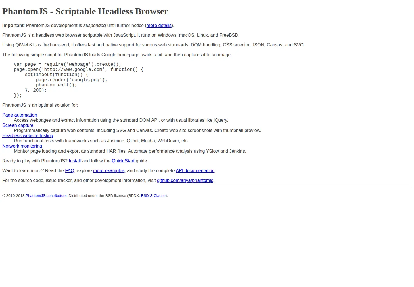 Captured homepage of phantomjs.org in the current scan