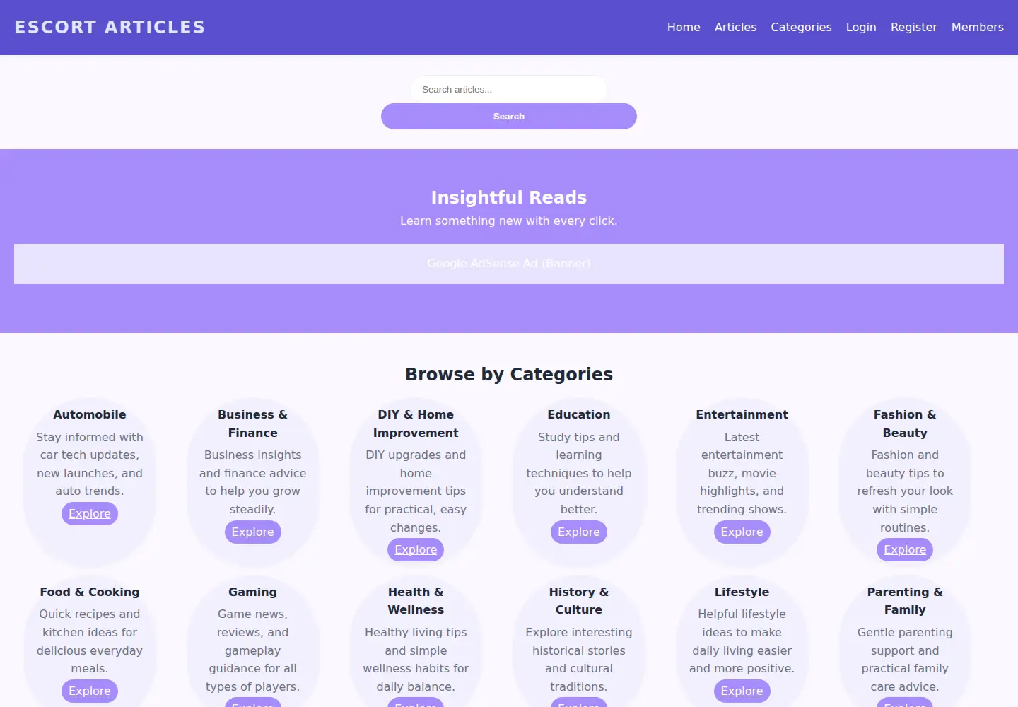 Captured homepage of escortarticles.in in the current scan
