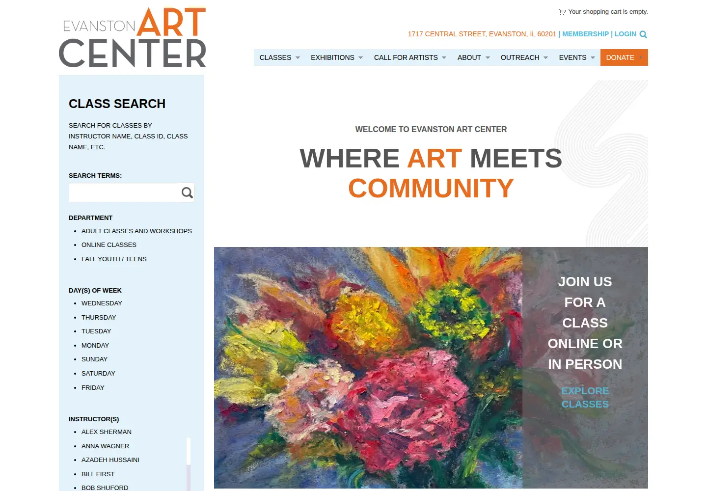 Screenshot of evanstonartcenter.org