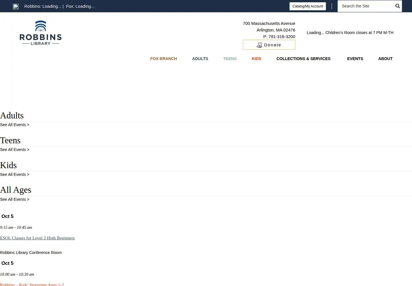 Captured homepage of robbinslibrary.org in the current scan