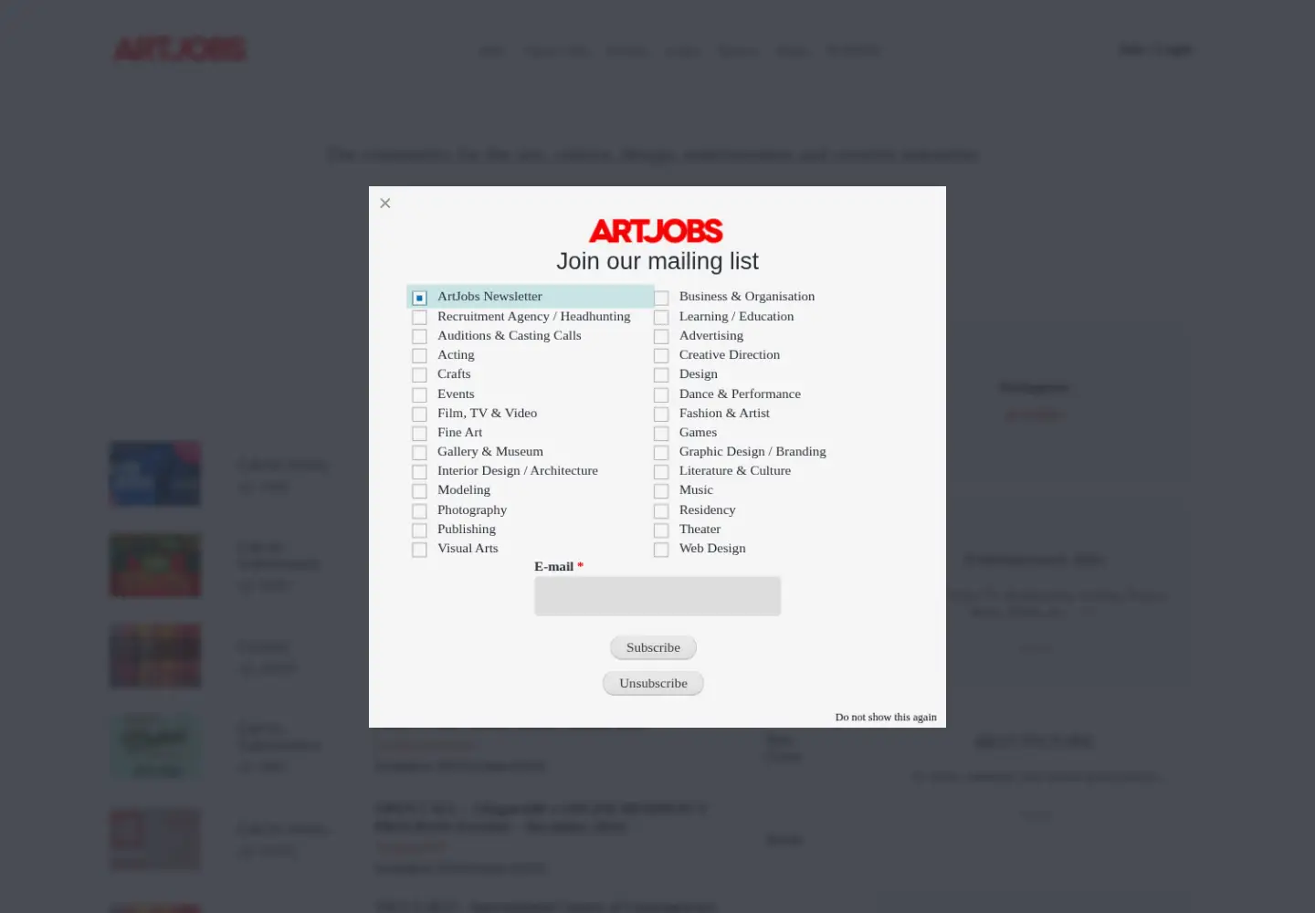 Captured homepage of artjobs.com in the current scan