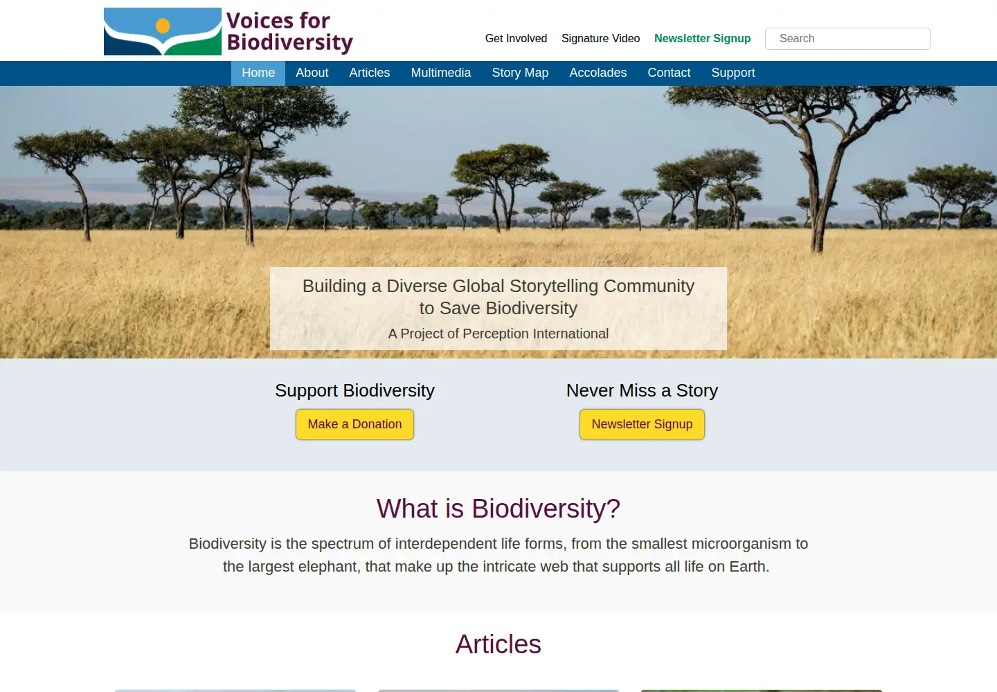 Captured homepage of voicesforbiodiversity.org in the current scan