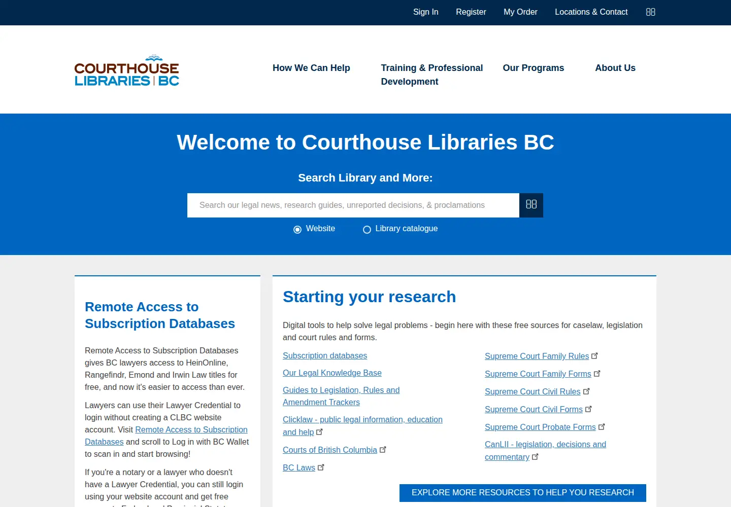 Captured homepage of courthouselibrary.ca in the current scan
