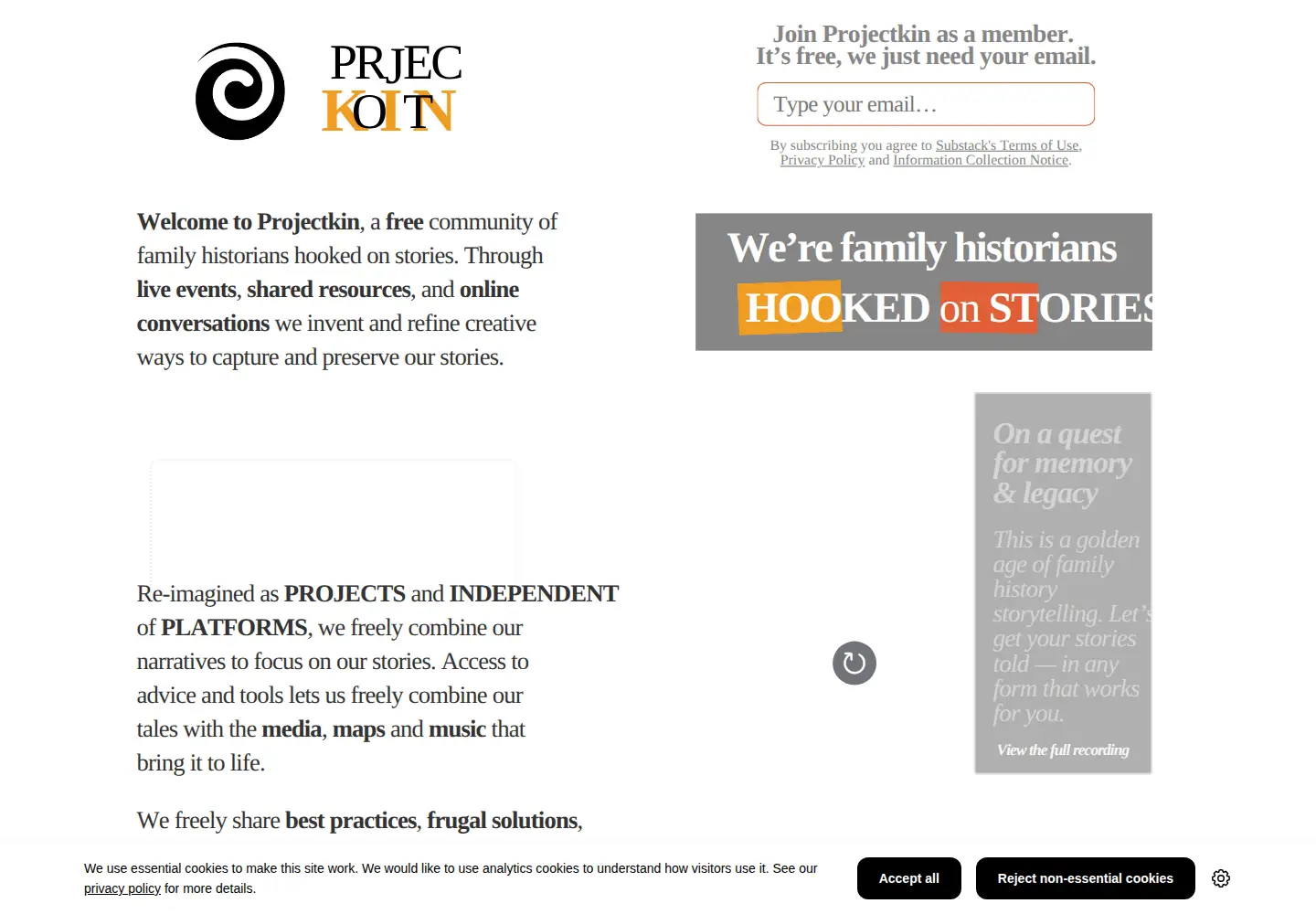 Captured homepage of projectkin.org in the current scan