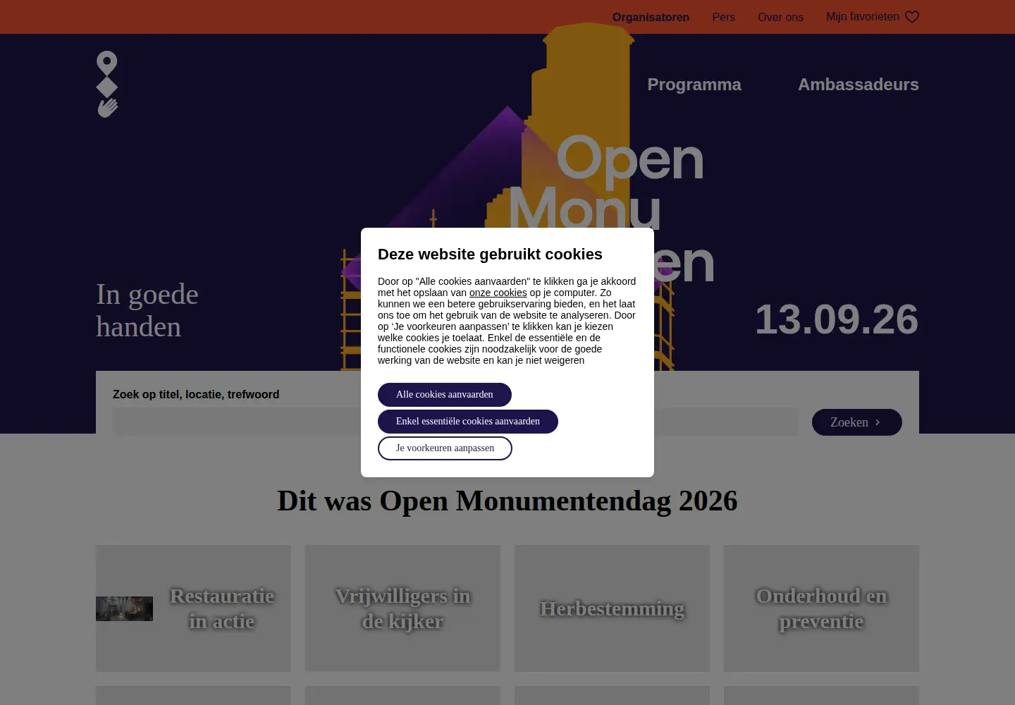 Captured homepage of openmonumentendag.be in the current scan
