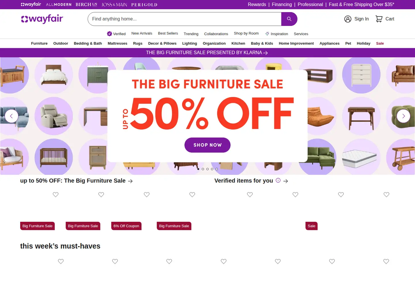 Screenshot of wayfair.com