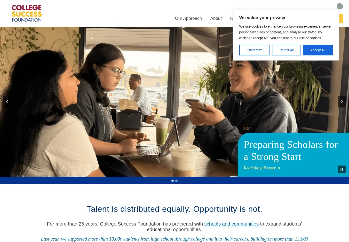 Captured homepage of collegesuccessfoundation.org in the current scan