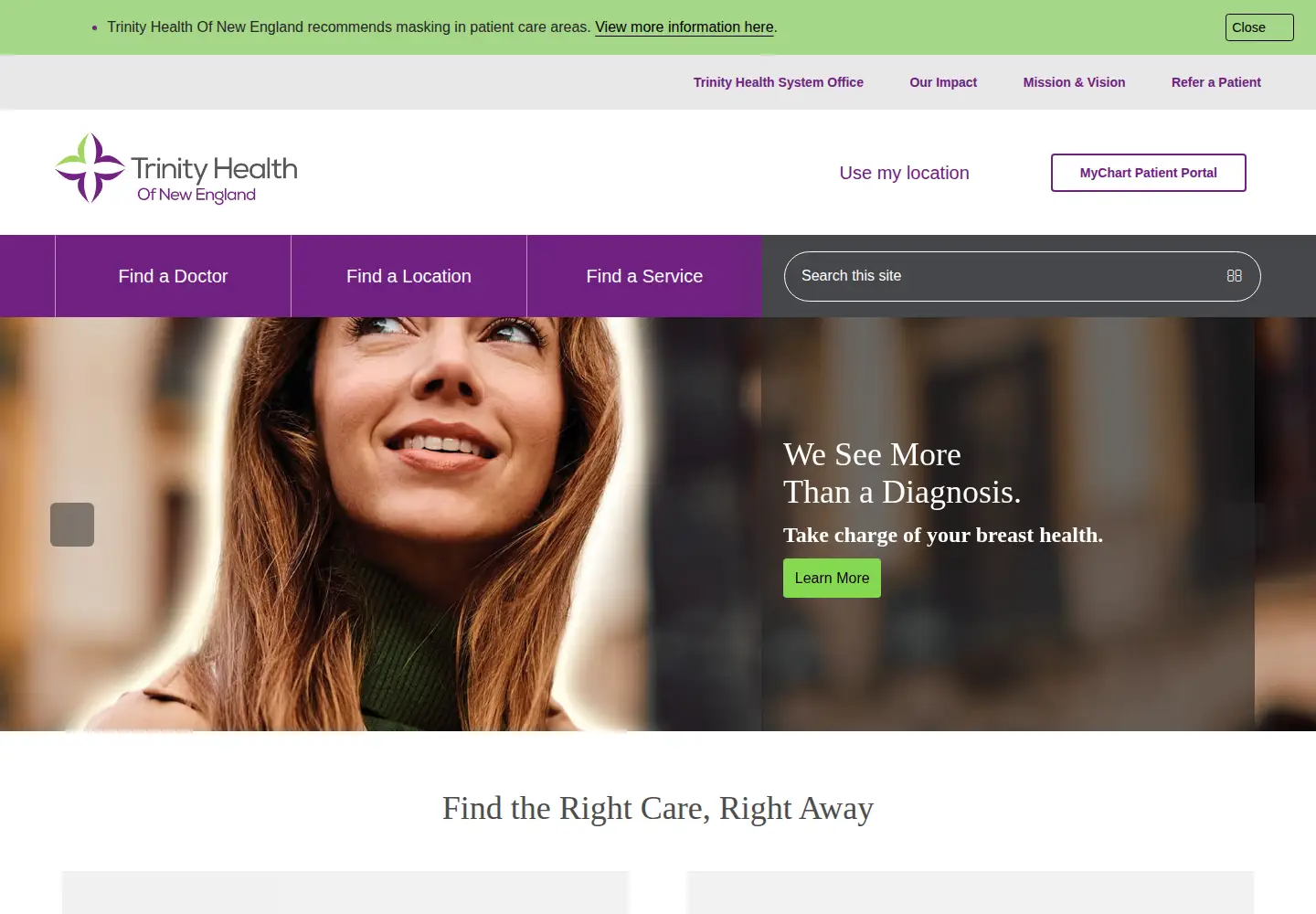 Captured homepage of trinityhealthofne.org in the current scan