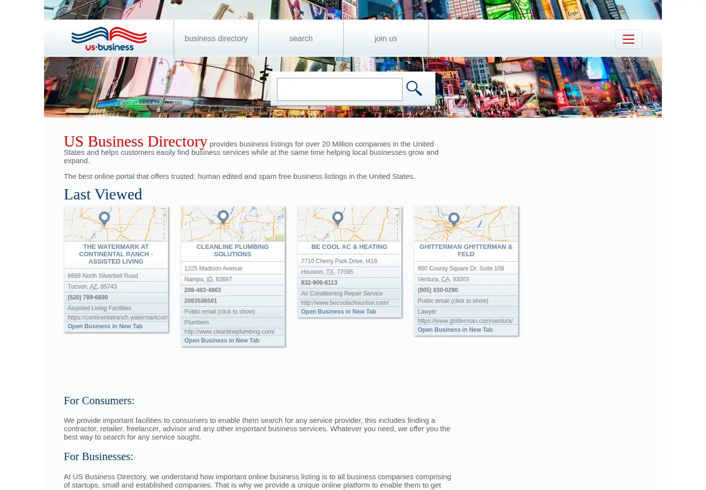 Captured homepage of us-business.info in the current scan
