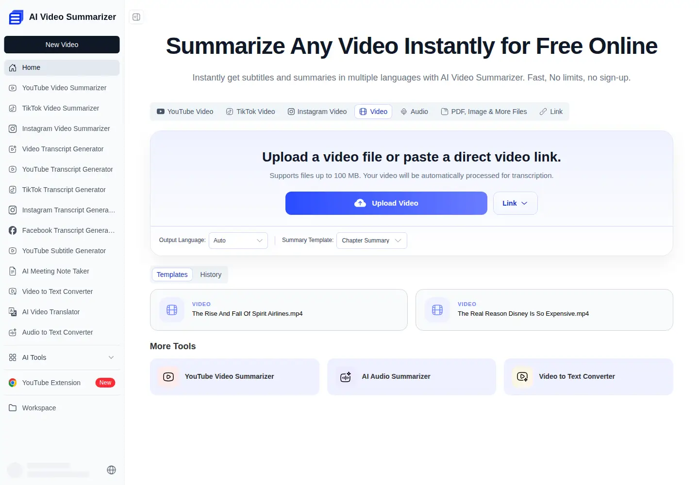 Screenshot of aivideosummarizer.io