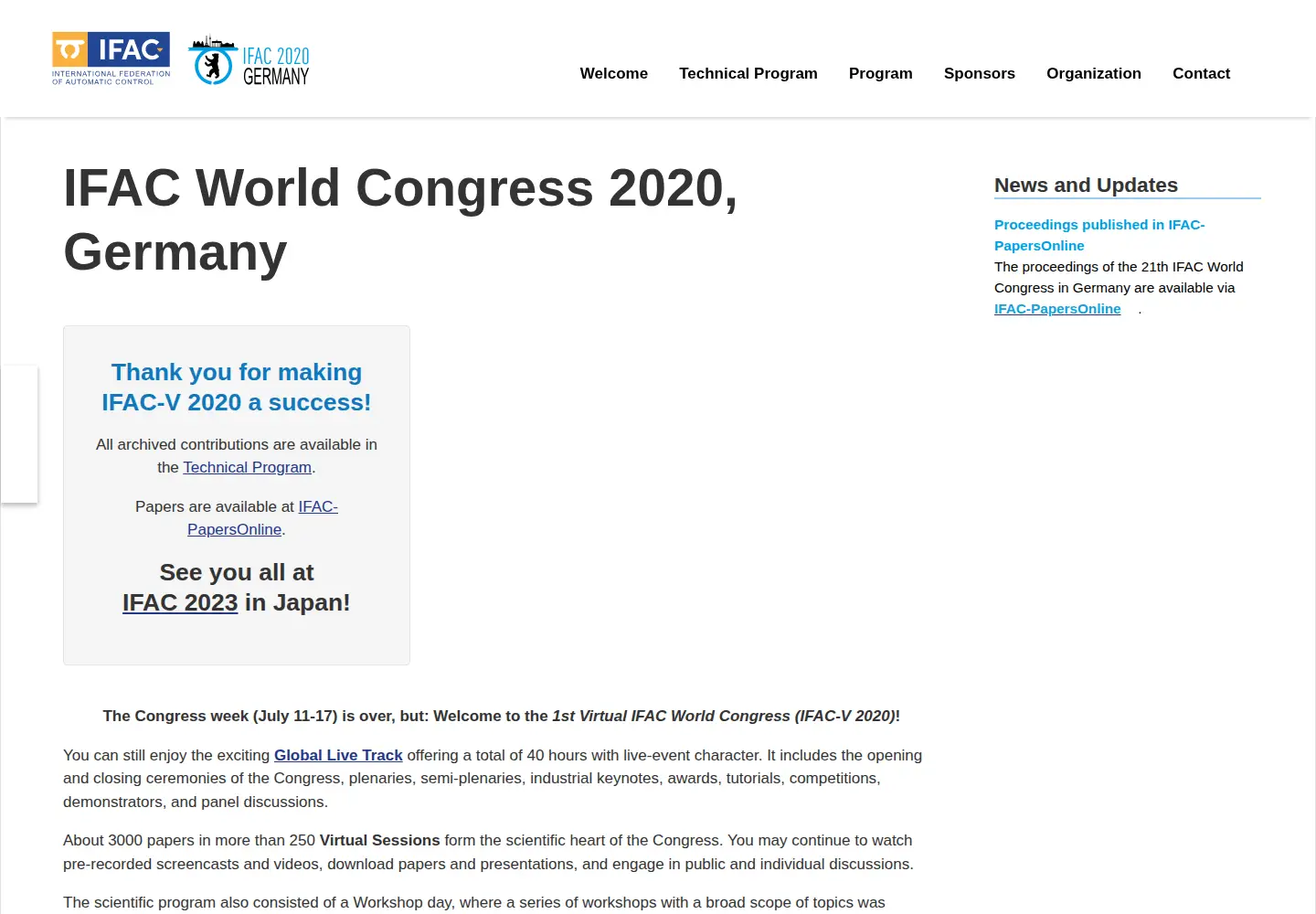 Captured homepage of ifac2020.org in the current scan