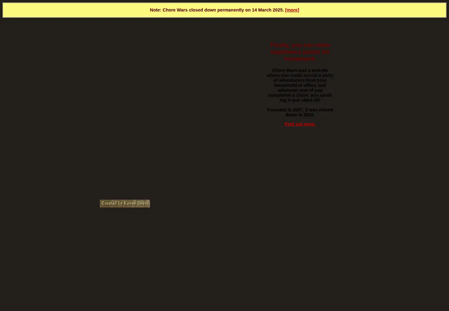 Captured homepage of chorewars.com in the current scan