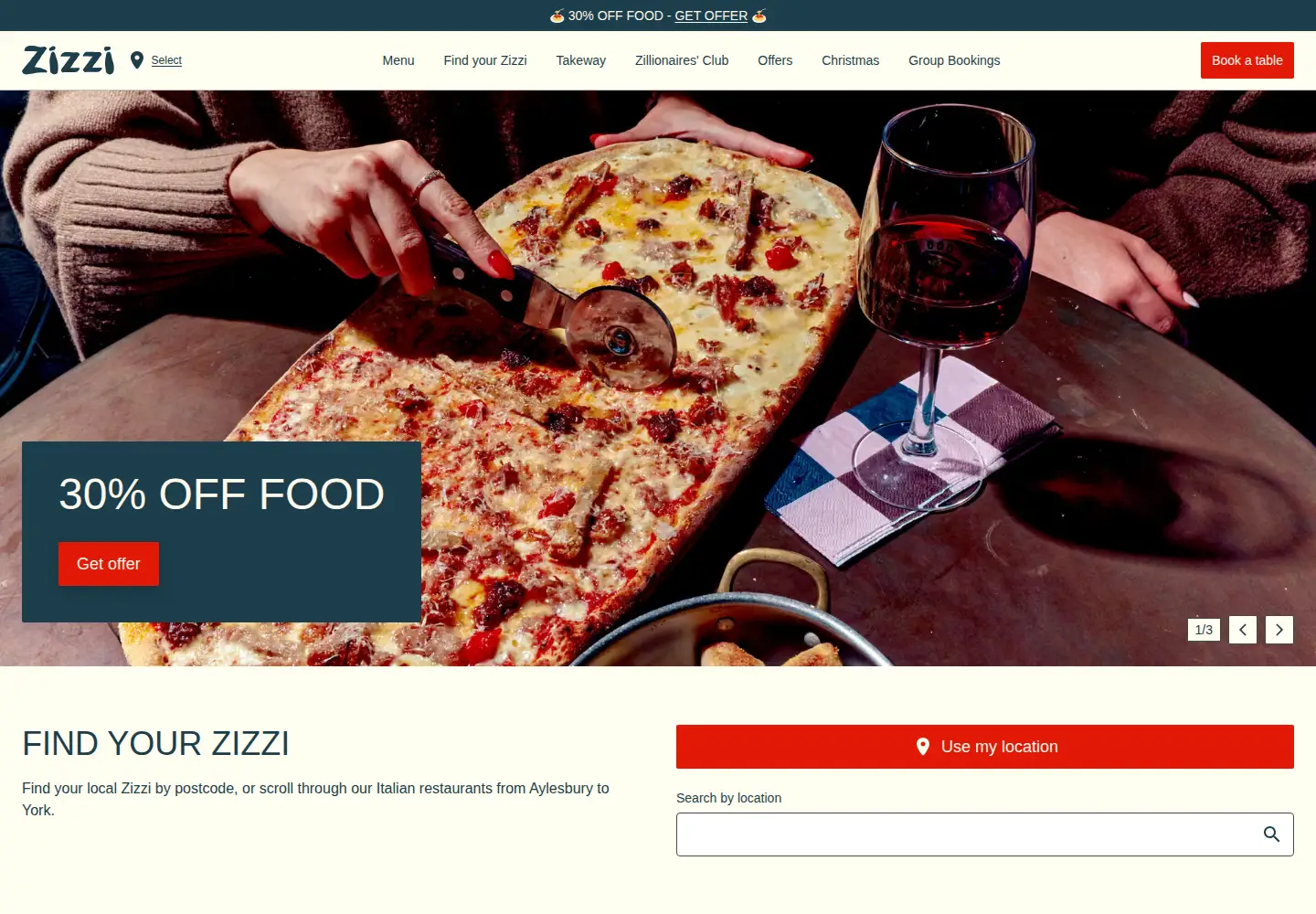 Captured homepage of zizzi.co.uk in the current scan