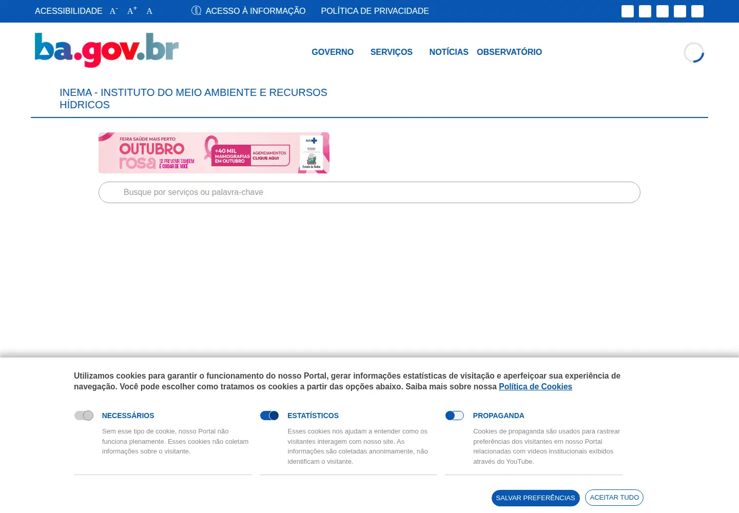 Captured homepage of inema.ba.gov.br in the current scan