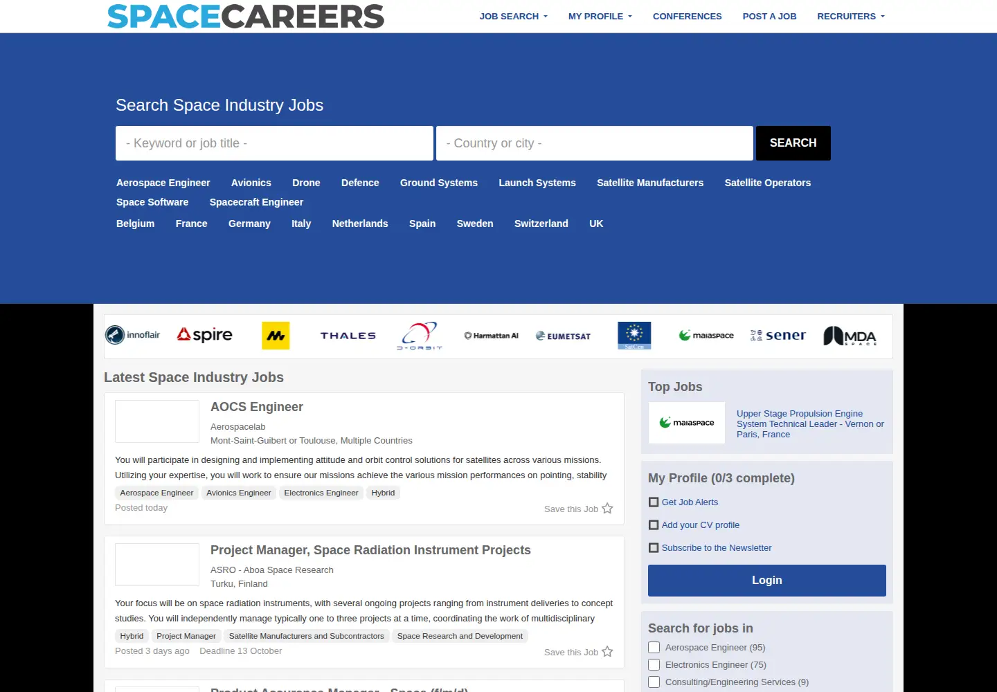 Captured homepage of space-careers.com in the current scan