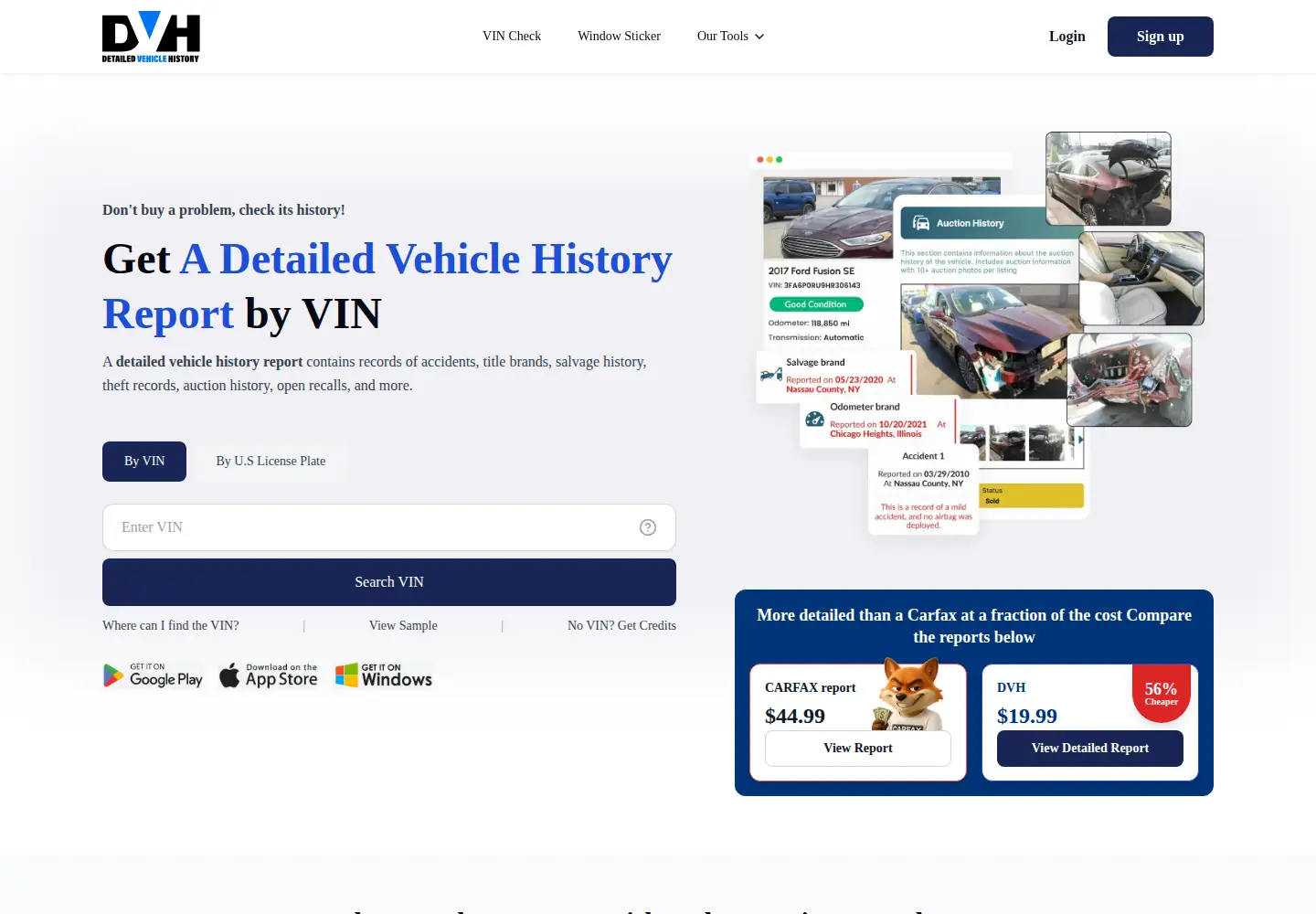 Screenshot of detailedvehiclehistory.com