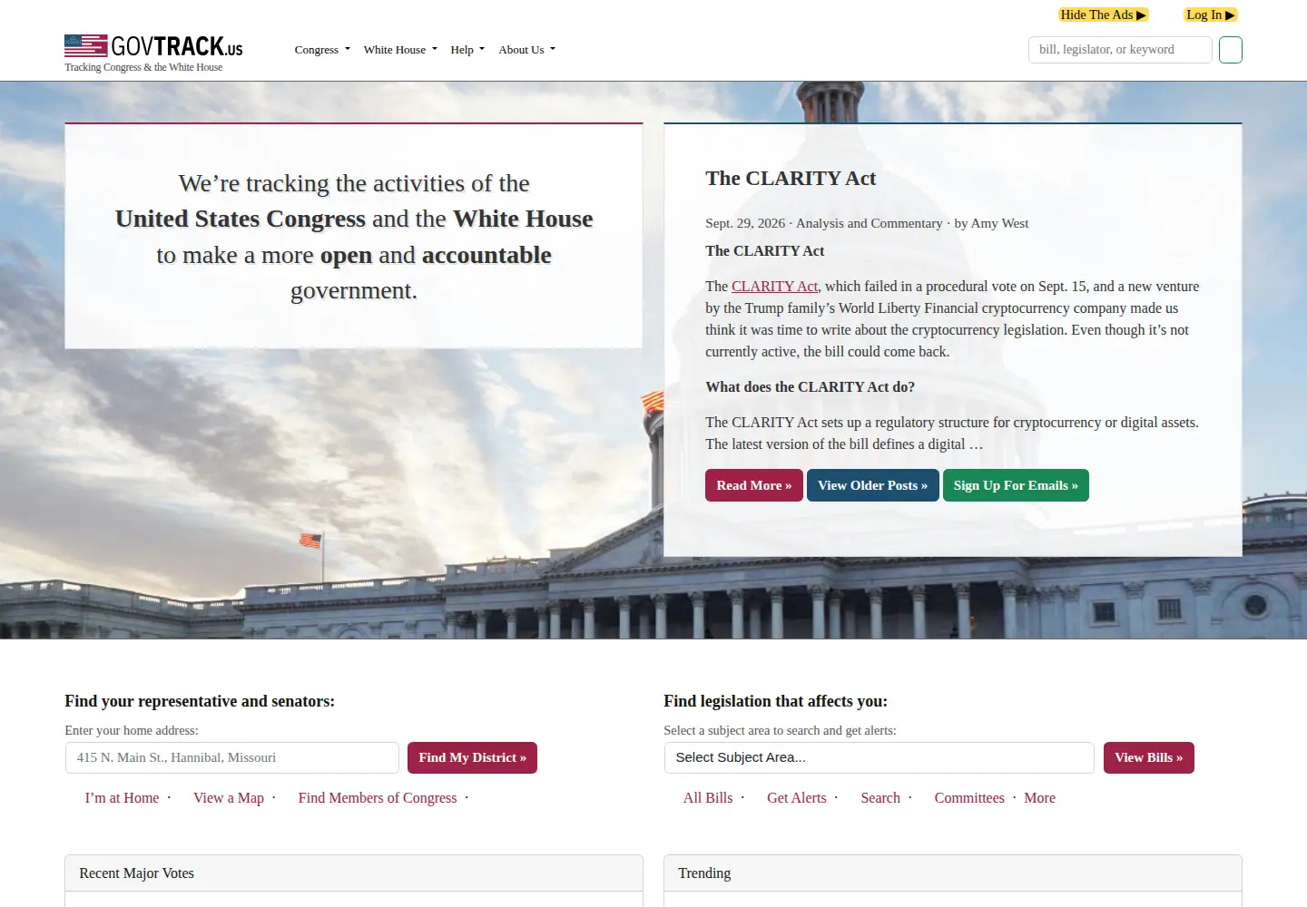 Screenshot of govtrack.us