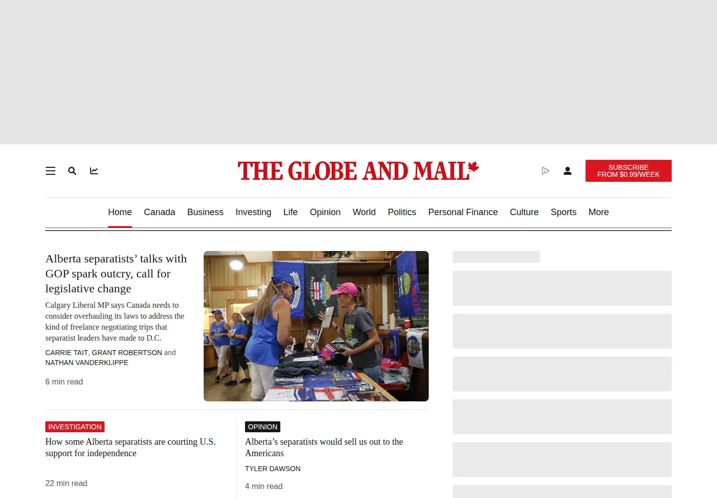 Captured homepage of globeandmail.ca in the current scan