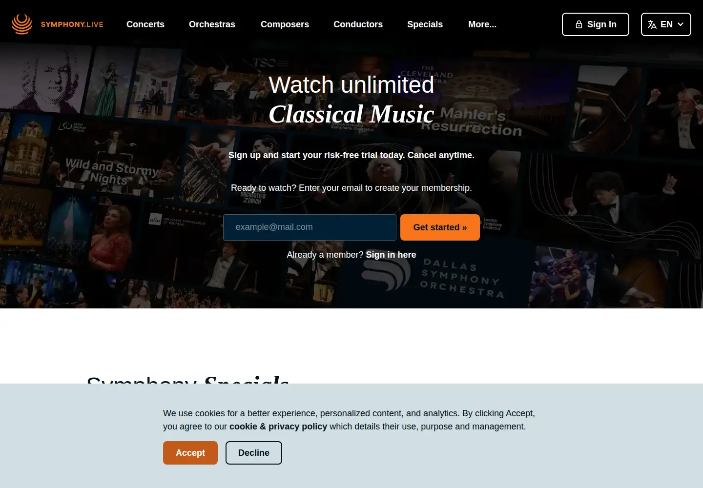 Captured homepage of symphony.live in the current scan
