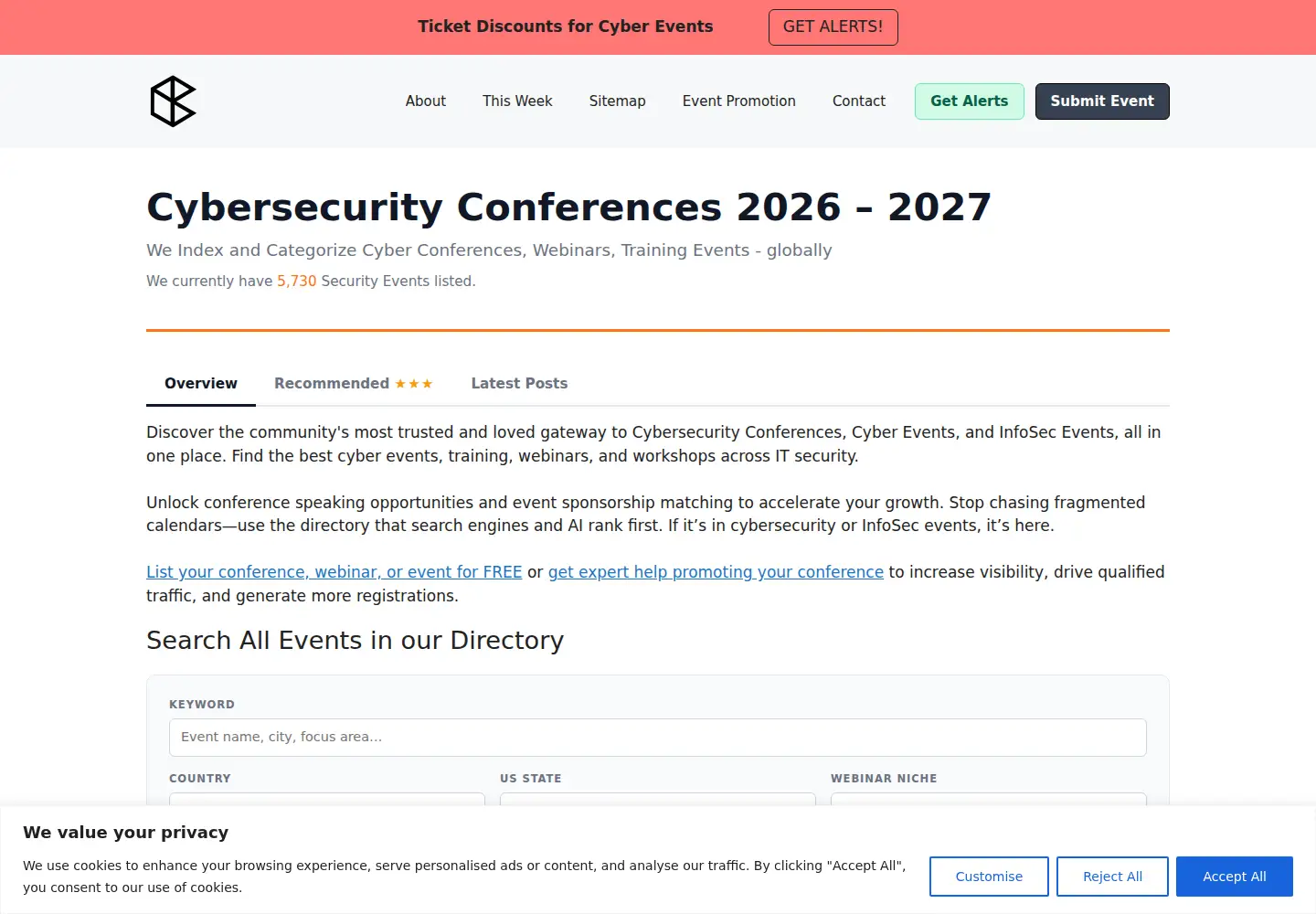 Captured homepage of infosec-conferences.com in the current scan